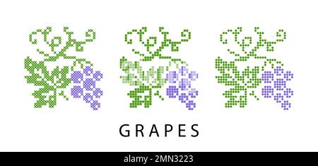 Image vectorielle isolée de l'art des pixels de raisin, icône, signe, logo. Illustration du raisin pour étiquette de vin ou jus. Pixel art, vyshyvanka, point de croix, points Illustration de Vecteur