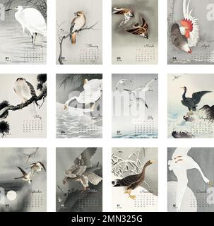 Modèle de calendrier mensuel Bird 2022, ensemble de vecteurs de design japonais vintage.Remix d'œuvres d'art vintage d'Ohara Koson. Illustration de Vecteur