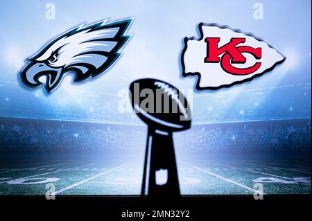 PHOENIX, USA, 30 JANVIER 3, 2023: Philadelphia Eagles vs Kansas City Chiefs. Black Silhouette of Vince Lombardi Trophée pour le gagnant du National Foo Banque D'Images