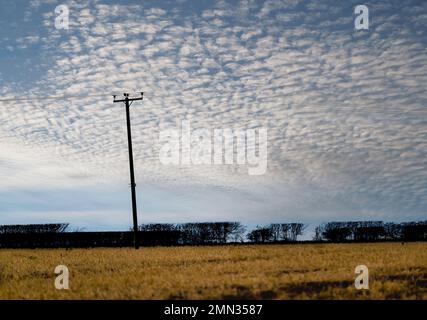 Lincolnshire - Un seul mât télégraphique placé contre un ciel spectaculaire au coucher du soleil Banque D'Images