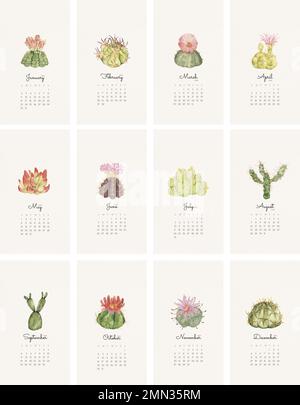 Modèle de calendrier mensuel Botanical 2022, cactus iPhone fonds d'écran ensemble vectoriel Illustration de Vecteur