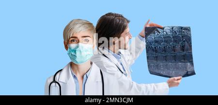 Femme médecin dans le masque médical, homme doc tenant CT Banque D'Images