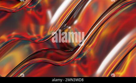 Métal rouge flamboyant à ondes sinusoïdales circulant du haut à gauche vers le bas à droite abstrait, spectaculaire, moderne, luxueux, haut de gamme 3D design graphique de rendu élémentaire b Banque D'Images
