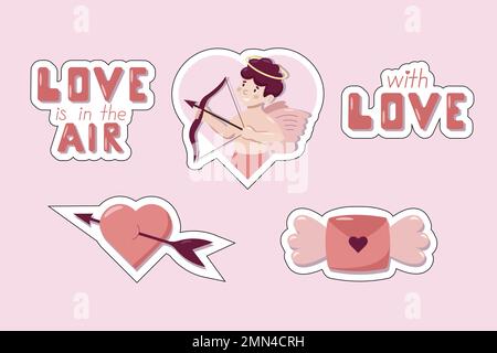 Valentine Day concept vecteur éléments de dessin animé Cupid, lettres avec ailes, coeurs et autocollants lettrage. Autocollants roses mignons pour emballer le papier et le cadeau Illustration de Vecteur