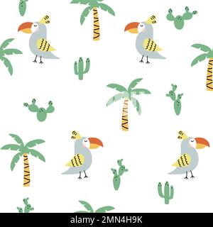 Motif vectoriel sans couture pour bébé. Joli oiseau avec palmiers et cactus. Texture enfant créative pour le tissu, le textile, le papier peint et les vêtements. Illustration de Vecteur