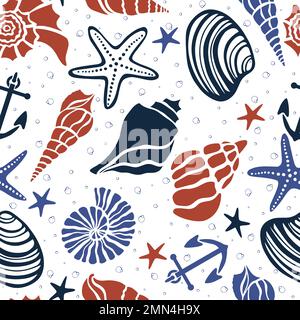 Coquillages marins, ancre et étoiles de mer sous la vie dessin à la main vecteur fond sans couture de motif Illustration de Vecteur