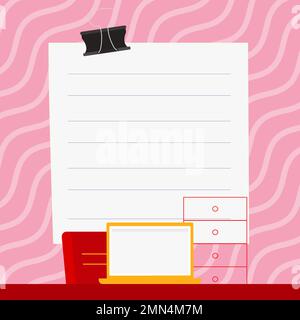 Ordinateur portable placé sur le bureau près de la boîte. L'écran blanc contient de nouvelles informations importantes. Moniteur de l'ordinateur avec message. Porte-texte vide de couleur vive Illustration de Vecteur