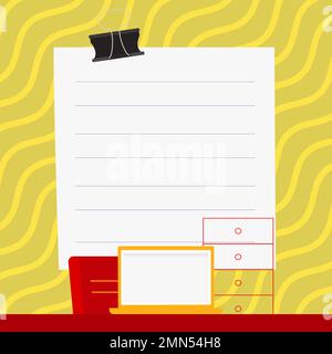Ordinateur portable placé sur le bureau près de la boîte. L'écran blanc contient de nouvelles informations importantes. Moniteur de l'ordinateur avec message. Porte-texte vide de couleur vive Illustration de Vecteur