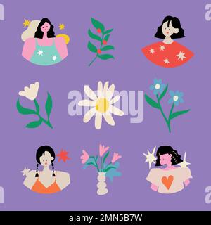 Collection vectorielle d'illustrations rétro colorées, avec autocollant pour chien féminin Illustration de Vecteur