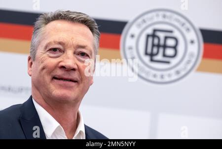 Munich, Allemagne. 30th janvier 2023. Harold Kreis, nouvel entraîneur national de hockey sur glace, assiste à une conférence de presse pendant son introduction. Credit: Sven Hoppe/dpa/Alay Live News Banque D'Images