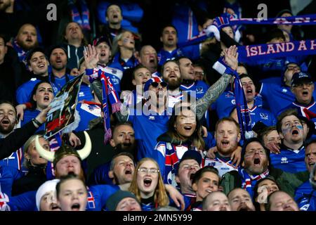 FILE - In this file photo from Oct. 9, 2017, Iceland's fans celebrate their team's victory against Kosovo, following the World Cup Group I qualifying soccer match between Iceland and Kosovo in Reykjavik, Iceland. (AP Photo/Brynjar Gunnarsson, File)