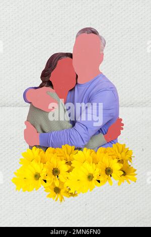 Montage vertical créatif photo poster photo carte postale photo de l'homme heureux aucun visage embrassant sa dame isolé sur fond peint Banque D'Images