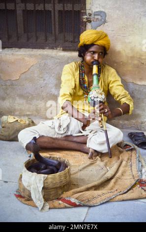 Historique, Archive image d'Un Snake Charmer jouant Un Pungi avec Un Cobra montant d'Un panier tissé sur la rue, il a été interdit en Inde en 1972 en vertu de la loi sur la protection de la faune, Jaipur, Rajasthan, Inde 1990 Banque D'Images