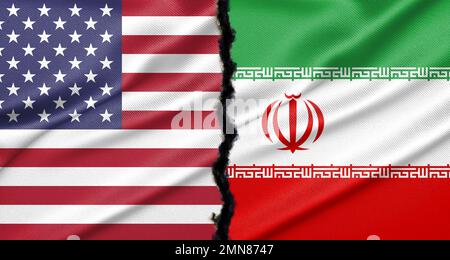 Drapeaux de l'Iran et des Etats-Unis, l'Iran contre les Etats-Unis dans le concept de crise de la guerre mondiale, drapeaux de pays sur le mur brisé. Banque D'Images