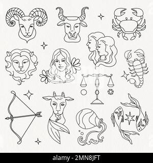 Zodiaque signes Doodle collage élément, horoscope illustration ensemble vecteur Illustration de Vecteur