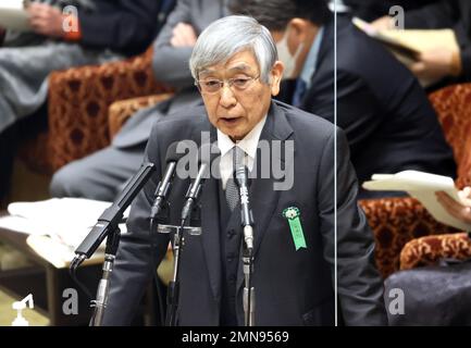 Tokyo, Japon. 30th janvier 2023. Le gouverneur de la Banque du Japon, Haruhiko Kuroda, répond à une question lors de la session du comité du budget de la Chambre basse, à la Diète nationale de Tokyo, lundi, 30 janvier 2023. Credit: Yoshio Tsunoda/AFLO/Alay Live News Banque D'Images