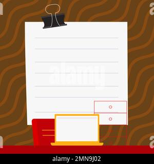 Ordinateur portable placé sur le bureau près de la boîte. L'écran blanc contient de nouvelles informations importantes. Moniteur de l'ordinateur avec message. Porte-texte vide de couleur vive Illustration de Vecteur