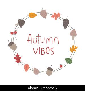Les couleurs d'automne chantent dans la couronne autour des feuilles, des glands, des champignons. Illustration vectorielle pour bannière, carte. Illustration de Vecteur