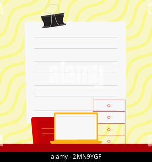 Ordinateur portable placé sur le bureau près de la boîte. L'écran blanc contient de nouvelles informations importantes. Moniteur de l'ordinateur avec message. Porte-texte vide de couleur vive Illustration de Vecteur