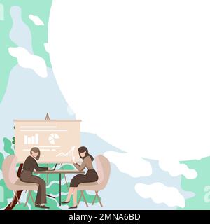 Personnes assises à table pour discuter des dernières nouvelles. La bulle de dialogue blanche contient des informations importantes. Grand tableau blanc vide pour le texte en couleurs vives Illustration de Vecteur