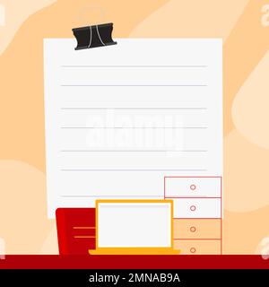 Ordinateur portable placé sur le bureau près de la boîte. L'écran blanc contient de nouvelles informations importantes. Moniteur de l'ordinateur avec message. Porte-texte vide de couleur vive Illustration de Vecteur