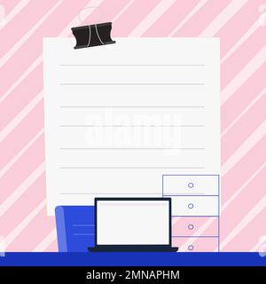 Ordinateur portable placé sur le bureau près de la boîte. L'écran blanc contient de nouvelles informations importantes. Moniteur de l'ordinateur avec message. Porte-texte vide de couleur vive Illustration de Vecteur
