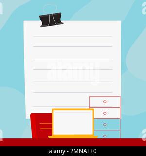 Ordinateur portable placé sur le bureau près de la boîte. L'écran blanc contient de nouvelles informations importantes. Moniteur de l'ordinateur avec message. Porte-texte vide de couleur vive Illustration de Vecteur