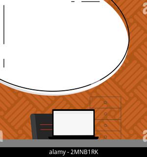 Ordinateur portable placé sur le bureau près de la boîte. L'écran blanc contient de nouvelles informations importantes. Moniteur de l'ordinateur avec message. Porte-texte vide de couleur vive Illustration de Vecteur
