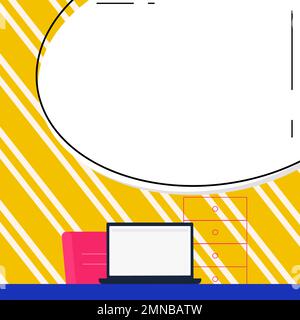 Ordinateur portable placé sur le bureau près de la boîte. L'écran blanc contient de nouvelles informations importantes. Moniteur de l'ordinateur avec message. Porte-texte vide de couleur vive Illustration de Vecteur