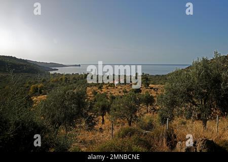 Vue sur la vallée vers Ampelia, île de Lesbos prise septembre / octobre 2022. Banque D'Images