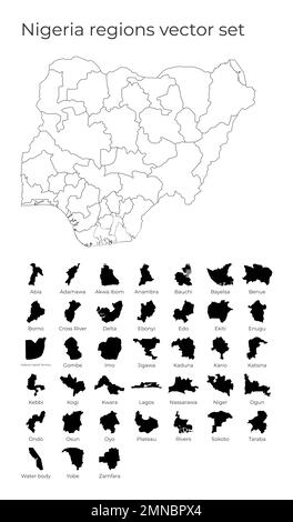Carte du Nigeria avec les formes des régions. Carte vectorielle vierge du pays avec les régions. Frontières du pays pour votre infographie. Illustration vectorielle. Illustration de Vecteur