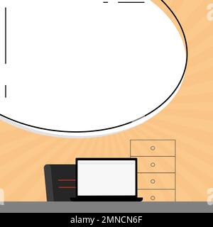 Ordinateur portable placé sur le bureau près de la boîte. L'écran blanc contient de nouvelles informations importantes. Moniteur de l'ordinateur avec message. Porte-texte vide de couleur vive Illustration de Vecteur