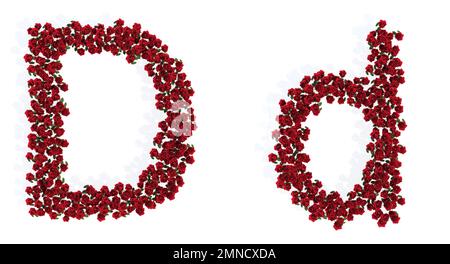 Concept ou ensemble conceptuel de superbes bouquets roses rouges en fleurs formant la police D. 3D métaphore d'illustration pour l'éducation, le design et la décoration, Banque D'Images