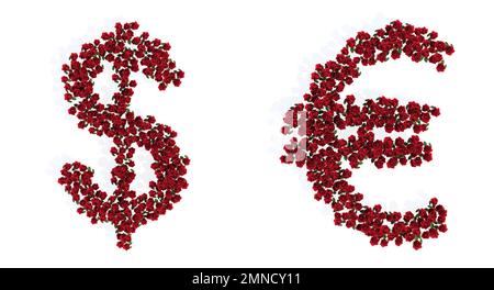 Concept ou ensemble conceptuel de belles roses rouges florissant bouquets formant le dollar et les signes de l'euro. 3d illustration métaphore pour l'éducation, conception a. Banque D'Images