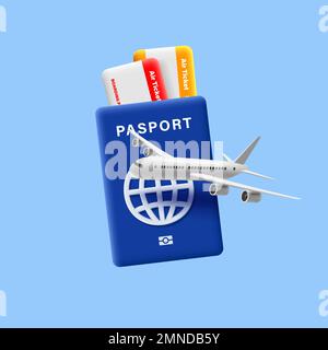 passeport 3d avec carte d'embarquement à l'intérieur et vol d'avion, rendu 3d images numériques de voyage, bannière lumineuse Illustration de Vecteur
