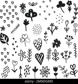 Éléments de conception botyques dessinés à la main dans un style doodle. Fleurs, feuilles, herbes, signes et symboles isolés en noir sur fond blanc. Esquisse simple Illustration de Vecteur