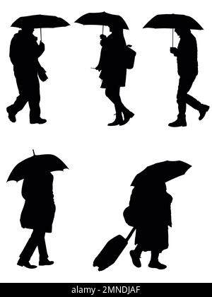 Des personnes marchant avec des parapluies comme ensemble d'illustrations vectorielles Banque D'Images