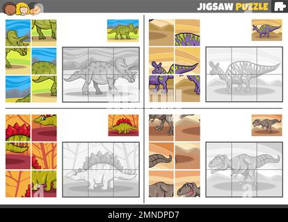 Illustration de dessins animés de jeux de puzzle éducatifs avec des dinosaures personnages animaux préhistoriques Illustration de Vecteur