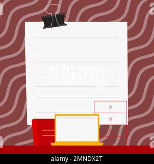 Ordinateur portable placé sur le bureau près de la boîte. L'écran blanc contient de nouvelles informations importantes. Moniteur de l'ordinateur avec message. Porte-texte vide de couleur vive Illustration de Vecteur