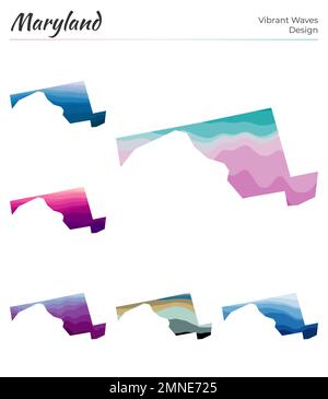 Ensemble de cartes vectorielles du Maryland. Motif vagues éclatantes. Carte lumineuse de l'état américain dans le style des courbes lisses géométriques. Illustration de Vecteur
