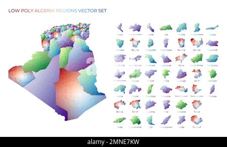 Régions algériennes à faible teneur en poly. Carte polygonale de l'Algérie avec les régions. Cartes géométriques pour votre conception. Illustration vectorielle impressionnante. Illustration de Vecteur