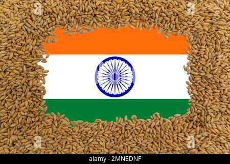 Cadre de grains mûrs de blé sur le fond du drapeau de l'Inde. Le plus grand exportateur de grain au monde. L'ingrédient principal pour cuire le pain Banque D'Images