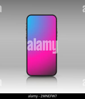 Une configuration de smartphone avec un écran dégradé de couleurs. Téléphone mobile 3D réaliste avec ombre sur fond gris. Illustration de Vecteur