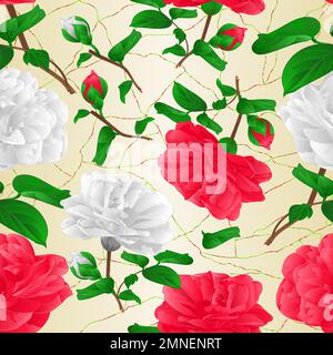 Texture sans couture rouge et blanc abaisse Camellia Japonica avec bourgeons craqué fond vintage vecteur illustration modifiable main dessiner Illustration de Vecteur