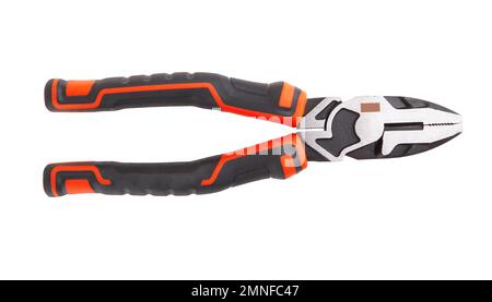 Pinces métalliques avec poignées en caoutchouc isolées sur fond blanc Banque D'Images