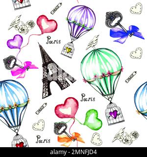 Motif aquarelle sans couture avec serviette Eiffel, coeurs, ballons à air chaud, clés. Illustrations de Paris vintage.romantique, jour de la Saint-Valentin.Doodle dessiné à la main Banque D'Images