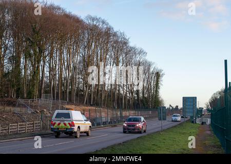 Wendover, Buckinghamshire, Royaume-Uni. 30th janvier 2023. HS2 travaux de construction pour le petit Dean Viaduct le long de la A413 sud de Wendover. Une fois construit, le petit viaduc Dean prendra les trains à grande vitesse 2 qui traversent le A413, la ligne de chemin de fer Chilterns et la petite voie Dean. HS2 ont abattu un grand nombre d'arbres à côté de la A413 ainsi que démolir la ferme et les bâtiments de ferme à Road Barn Farm. Crédit : Maureen McLean/Alay Live News Banque D'Images