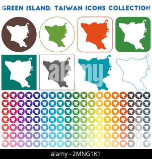 Green Island, Taïwan collection d'icônes. Icônes de carte tendance colorées et lumineuses. Modern Green Island, badge Taïwan. Illustration vectorielle. Illustration de Vecteur