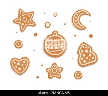 Pain d'épice de Noël, ensemble de biscuits. Pain au gingembre de Noël, boulangerie, Cannes en sucre. Vacances d'hiver sucrées avec du sucre glace. Biscuits traditionnels de fête. Plat Illustration de Vecteur