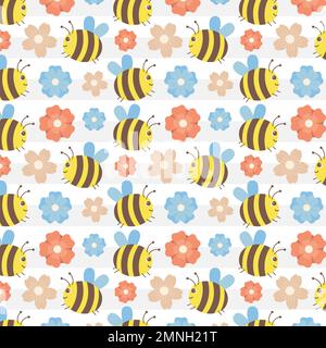 Motif de printemps frais et coloré avec illustrations vectorielles abeilles et fleurs en style plat Illustration de Vecteur